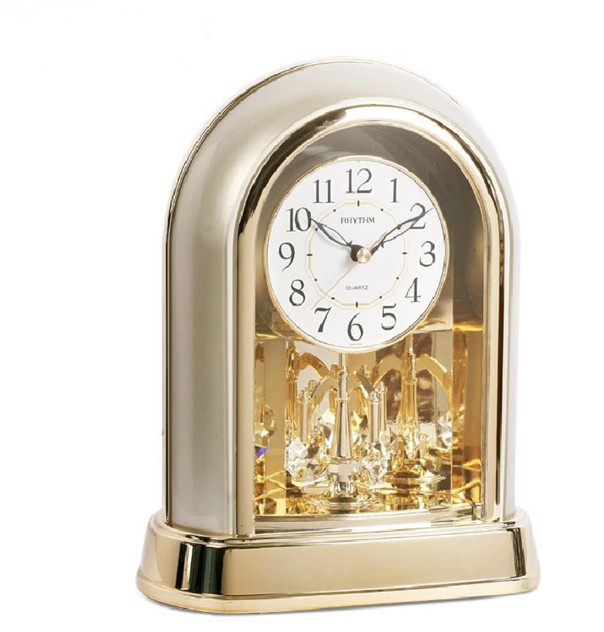 Rhythm Contemporary Mantel Clock Two Tone Gilt With Swaovski Pendulum 4SG696WR18 1 Rhythm Contemporary Mantel Clock Two Tone Gilt With Swaovski Pendulum 4SG696WR18