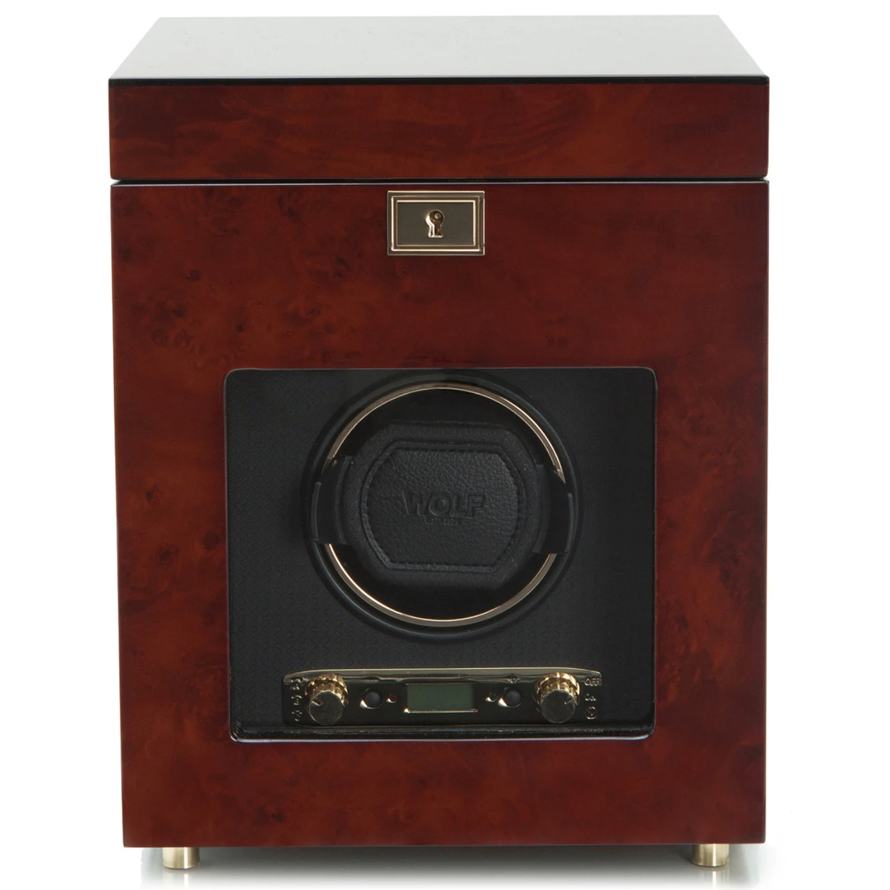 WOLF Savoy Burlwood Single Watch Winder With Storage 454510 1 WOLF Savoy Burlwood Single Watch Winder With Storage 454510