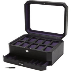 Wolf Windsor Black/Purple Watch Storage Box With Drawer For 10 Watches 458603