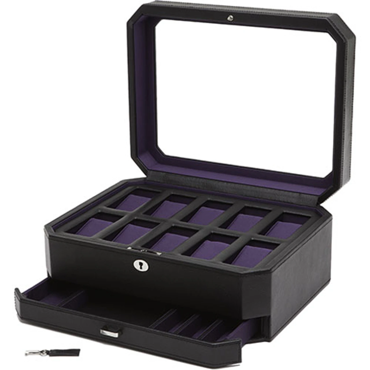 Wolf Windsor Black/Purple Watch Storage Box With Drawer For 10 Watches 458603 1 Wolf Windsor Black/Purple Watch Storage Box With Drawer For 10 Watches 458603