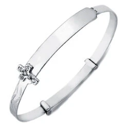 925 Sterling Silver Cubic Zirconia Set Cross Diamond Cut Expanding Baby Children Bangle P702028