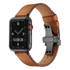 Apple Watch Premium Leather Strap In Brown With Deployment Butterfly Clasp APL801