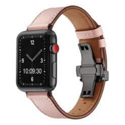 Apple Watch Premium Leather Strap In Pink With Deployment Butterfly Clasp APL804