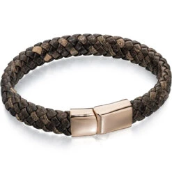Fred Bennett Adventurer Men's Rose Gold Plated Brown Leather Braid Bracelet B4685