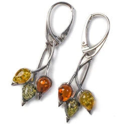 Henryka Nature Cognac, Yellow & Green Amber And Silver Beech Leaf Drop Earrings EH303/CGY-B