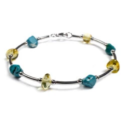 Henryka Turquoise & Yellow Amber And Silver Bead Tube Bracelet DC/525/TQY-C