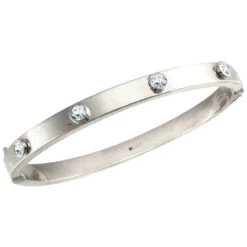9ct White Gold Rectangular Tubing Cubic Zirconia Stones Hollow Hinged Bangle P702229