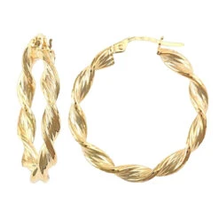 9ct Yellow Gold Twisted Textured Barked Pattern 27mm Creole Hoops P702-151