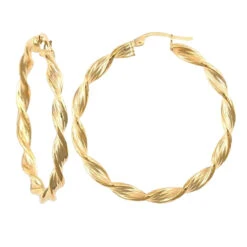 9ct Yellow Gold Twisted Textured Barked Pattern 37mm Creole Hoops P702-152