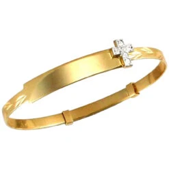 9ct Yellow Gold Flat Diamond Cut Solid Gold Children Baby ID Expanding Bangle With A Cubic Zirconia Set Cross P702054