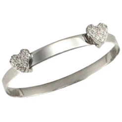 9ct White Gold Flat Children Baby Expandable Bangle With Two Cubic Zirconia Set Heart's P702069