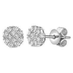18ct White Gold 1.00ct Princess And Round Diamond Cluster Stud Earrings P702E18-408-100