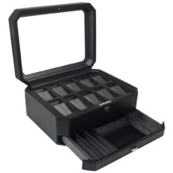 WOLF Windsor Black Watch Storage Box With Drawer For 10 Watches 4586029